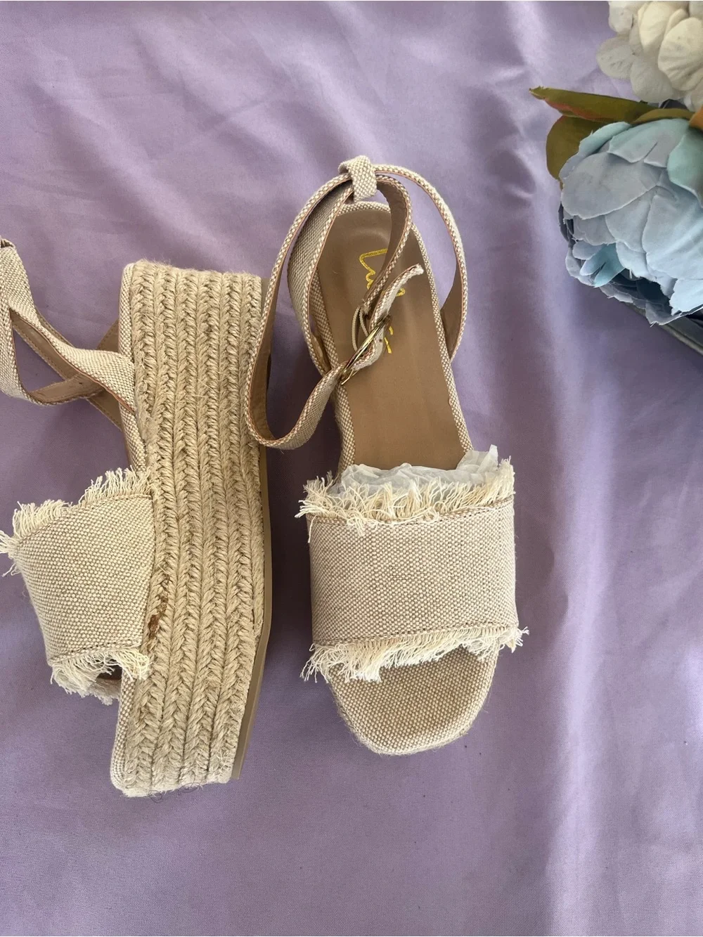 Beige Fringed Platform Sandals with Ankle Strap